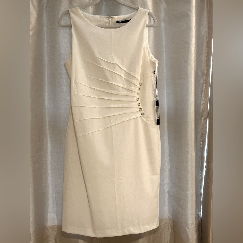 Ivanka Trump White Pleated Sunbeam Sheath Dress golden stud details